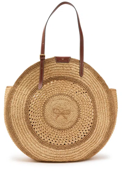 Anya Hindmarch Round Bow-embroidered Raffia Tote In Beige