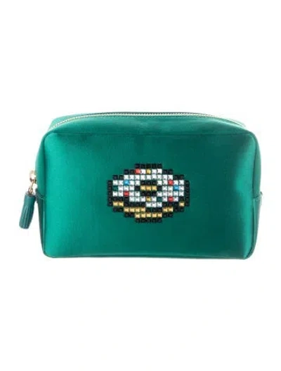 Pre-owned Anya Hindmarch Satin Studded Accent Cosmetic Bag In Green