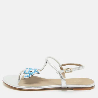 Pre-owned Anya Hindmarch Silver Leather Ankle Strap Flat Sandals Size 36