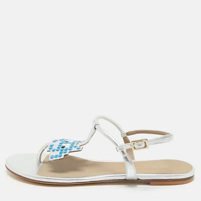 Anya Hindmarch Silver Leather Ankle Strap Flat Sandals In White
