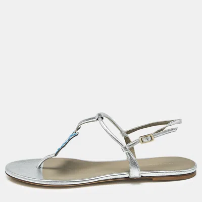 Pre-owned Anya Hindmarch Size 39 Silver Leather Thong Flat Ankle Strap Sandals