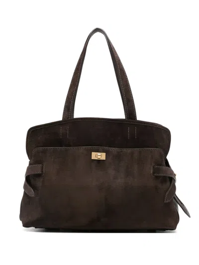 Anya Hindmarch Suede Double Handle Shoulder Bag With Pocket In Black