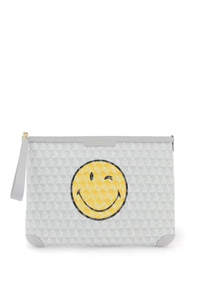 Anya Hindmarch Sustainable Grey Pouch Handbag For Women With All-over Lettering Pattern And Smiley Print