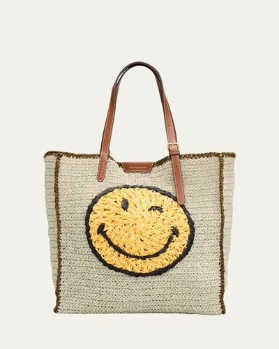 Anya Hindmarch Wink Embroidered Raffia Tote Bag In Gray