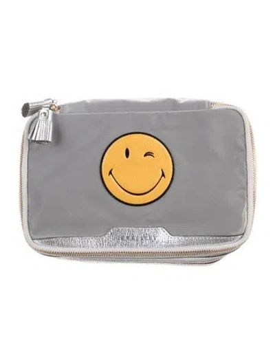 Pre-owned Anya Hindmarch Winky Face Nylon Travel Case In Grey/silver