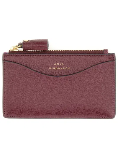 Anya Hindmarch Peeping Eyes Card Holder With Zipper In Burgundy