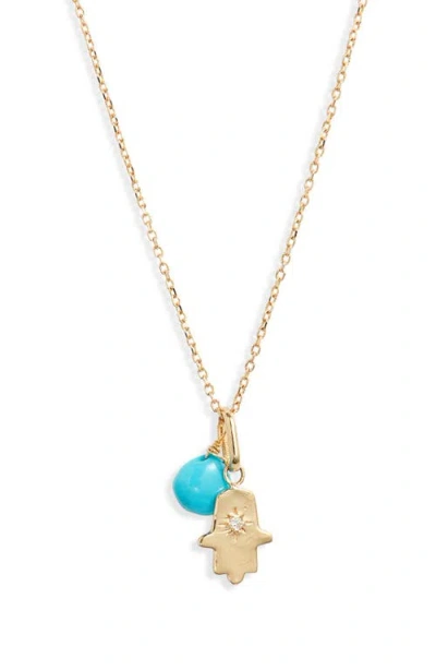 Anzie Love Letter Turquoise Stone & Diamond Hamsa Pendant Necklace In Turquoise/ Aqua