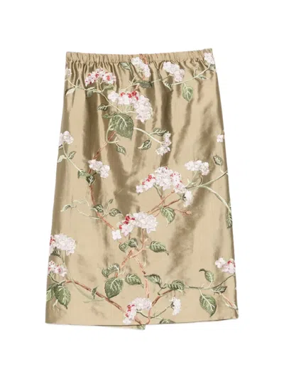 Ao Yes Floral-embroidered Skirt In Brown