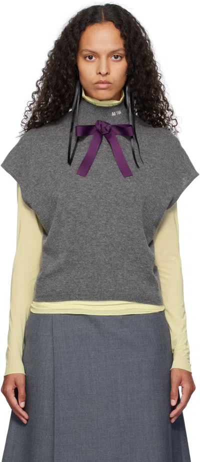 Ao Yes Gray Ribbon Tie Cropped Knit Vest In Grey