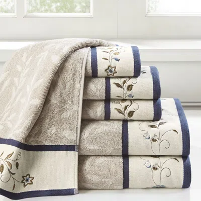 Aorobi Embroidered Cotton Jacquard 6 Piece Towel Set In Neutral