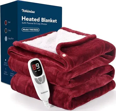 Aorobi Heated Blanket Throw, Wearable Heated Blanket Two Buttons, 50x60 Inches Soft Flannel Electric Throw, In Burgundy