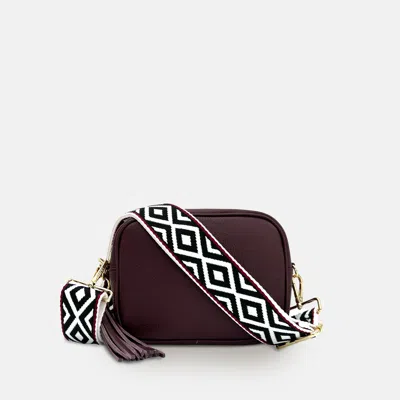 Apatchy London Port Leather Crossbody Bag With Black & Red Aztec Strap In Burgundy