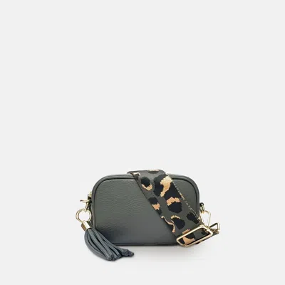 Apatchy London The Mini Tassel Dark Grey Leather Phone Bag With Grey Leopard Strap In Black