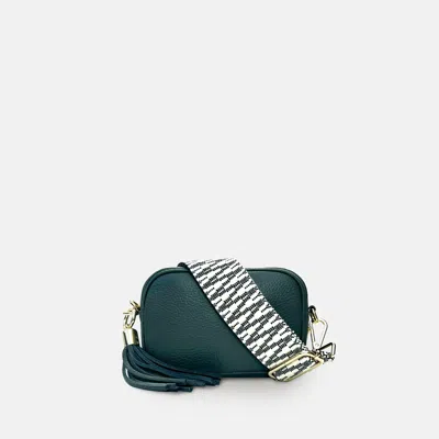 Apatchy London The Mini Tassel Dark Grey Leather Phone Bag With Midnight Zigzag Strap In Green