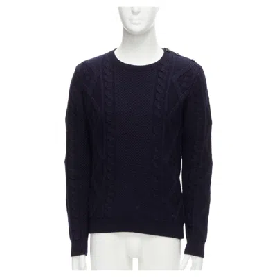 Pre-owned A.p.c. Apc 100% Wool Navy Blue Fisherman Cable Knit Crew Neck Long Sleeve Sweater S