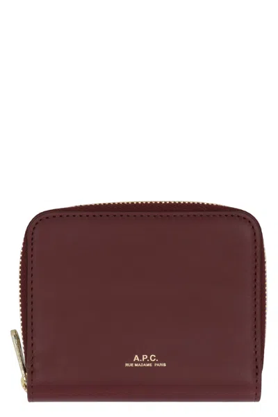 A.p.c. A. P.c. Burgundy Leather Mini Zipper Wallet For Women
