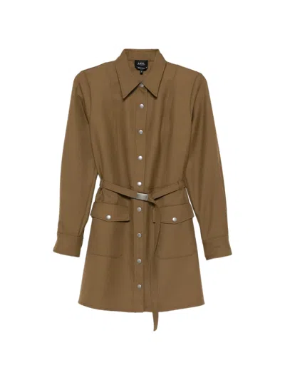 A.p.c. Dress Belted Waist Long Sleeves Point Collar In Brown