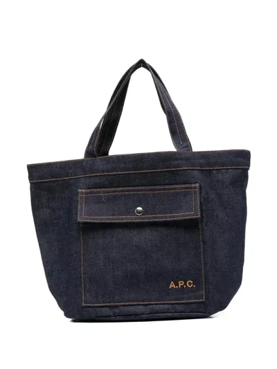 A.p.c. A. P.c. Classic Cotton Tote Handbag With Embroidered Logo In Blu