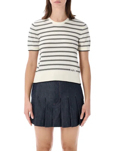 A.p.c. A. P.c. Classic Striped Short Sleeve Knit Sweater - Size S In Ecru Black Stripes