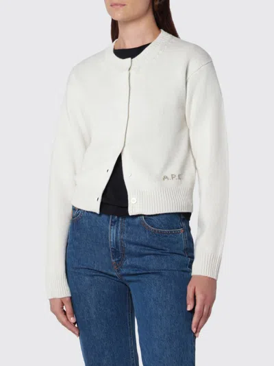 A.p.c. A. P.c. Crew Neck Pure Wool Cardigan With Contrast Logo In Beige