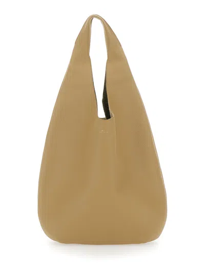 A.p.c. A. P.c. Crinkled Leather Shoulder Handbag With Embossed Logo, Single Handle, 40x37x10 Cm In Beige