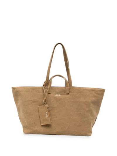 A.p.c. A. P.c. Inspired Cotton Tote Bag With Dual Handles And Embossed Goldtone Logo (w 53 X H 23 X D 19.5  In Beige