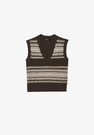 A.p.c. A. P.c. Jacquard Sleeveless Sweater Xl Chestnut Brown