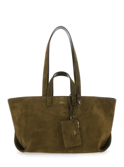 A.p.c. A. P.c. Le Drummer Suede Shopper Tote With Four Handles And Front Logo Lettering In Green