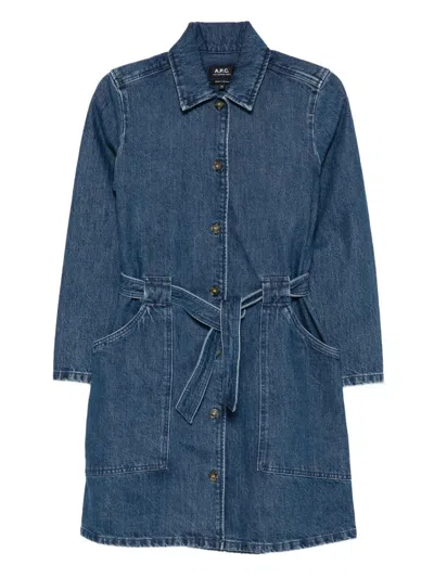 Apc A. P.c. Long-sleeved Denim Dress With Belted Waist In Blue