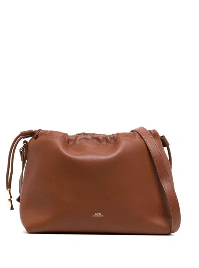 A.p.c. A. P.c. Louise Crossbody Handbag With Logo Lettering And Drawstring Closure In Brown