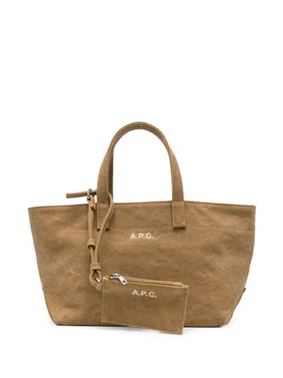 A.p.c. A. P.c. Mini Canvas Shoulder Tote Bag With Goldtone Embossed Logo And Interior Pocket In Beige