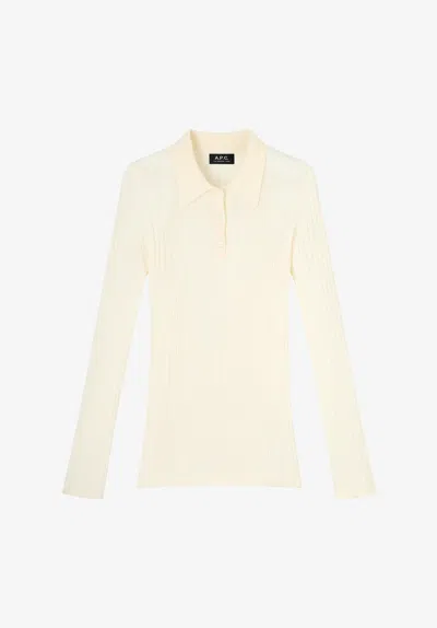 A.p.c. A. P.c. Narrow-rib Sweater With Polo Shirt Collar Xl Ecru In Multi
