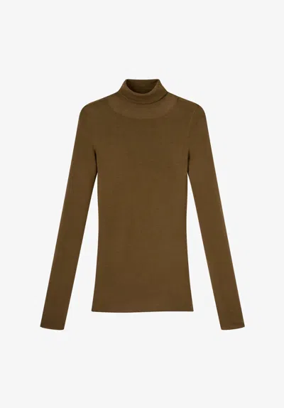 A.p.c. A. P.c. Narrow-rib Turtleneck Sweater Xl Khaki Green In Animal Print