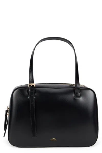A.p.c. A. P.c. Shiny Calfskin Leather Handbag With Zip Closure And Two Handles (10 Cm Depth) In Black
