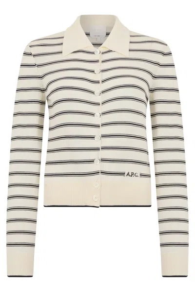 A.p.c. A. P.c. Striped Cotton Cardigan With Collar In Neutral
