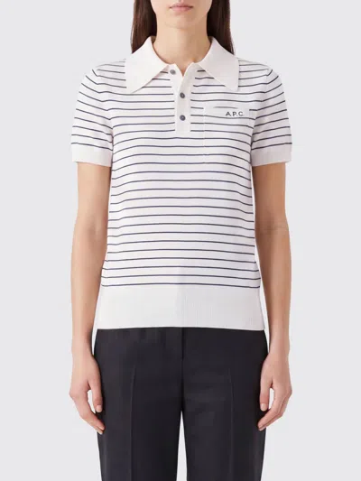 A.p.c. A. P.c. Striped Knit Cotton Polo Shirt With Short Sleeves And Patch Pocket In White