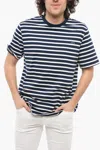 Apc A.p.c. Men Blue T-shirt With Striped Motif And Logo Embroidered On The Front In Cotton Man In Multi