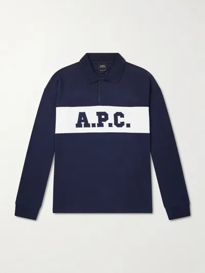 A.p.c. A. P.c. Long-sleeve Cotton Polo Shirt With Front Logo And Ribbed Cuffs In Blue