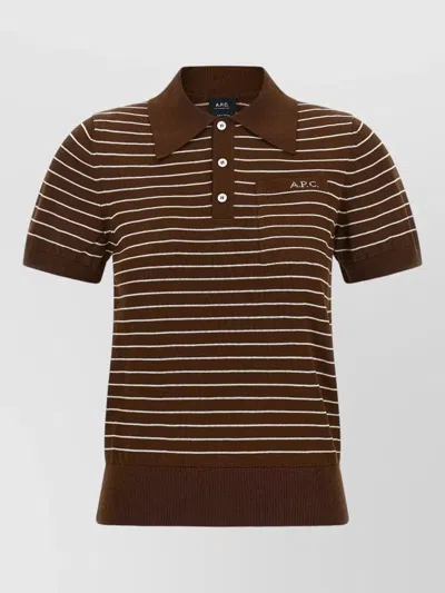 A.p.c. Aline Knit Polo Shirt Pocket Stripe In Brown