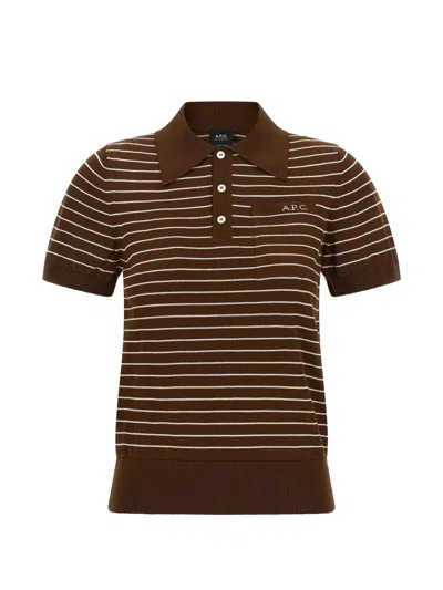 A.p.c. Aline Knit Polo Shirt Pocket Stripe In Brown