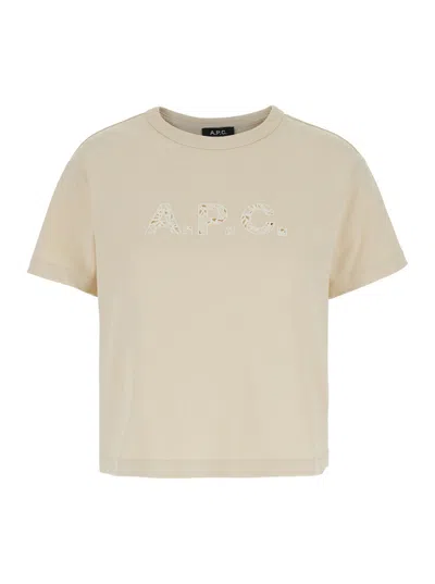 APC A.P.C. 'ANNIE' BEIGE T-SHIRT WITH LOGO PRINT ON THE FRONT IN COTTON WOMAN