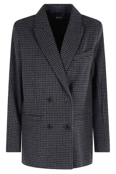 Apc A.p.c. Anthracite Double-breasted Jacket With Check Pattern In Black