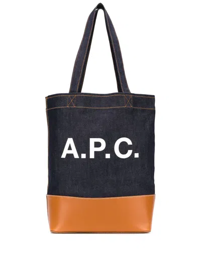 APC A.P.C. 'AXEL' BLUE AND BROWN HANDBAG  WITH LOGO PRINT IN DENIM WOMAN