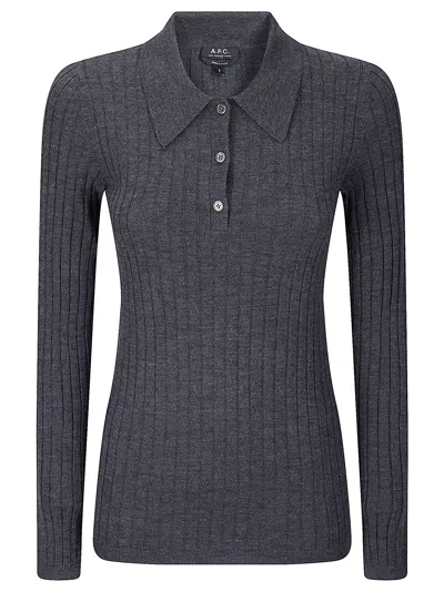 Apc Beige Ribbed Wool Slim-fit Long-sleeve Polo In Gray
