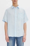 Apc A.p.c. Bellini Logo Embroidered Short Sleeve Linen Button-up Shirt In Pale Blue
