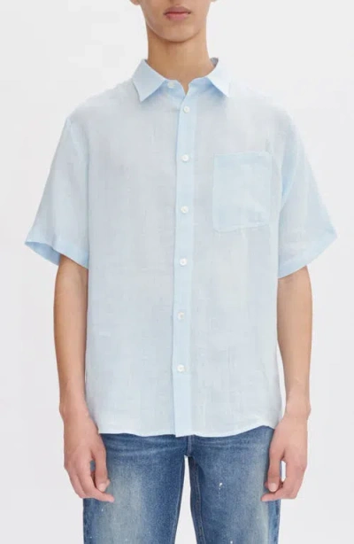 Apc A.p.c. Bellini Logo Embroidered Short Sleeve Linen Button-up Shirt In Pale Blue
