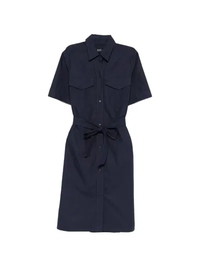 Apc Belted Short-sleeve Shirt Dress In Blue