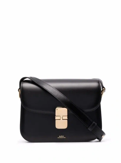 Apc Black Bag In Genuine Leather With Gold Color Engraved Logo And Adjustable Shoulder Strap
