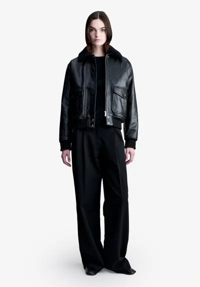A.p.c. Black Leather Bomber Jacket 34 Black