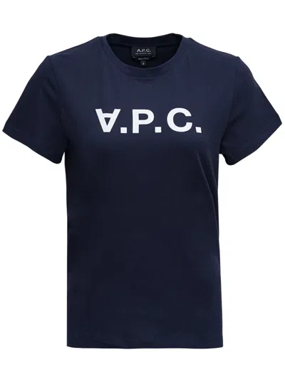 Apc A.p.c. Blue Cotton T-shirt With Logo Print In Cotton Woman In Navy